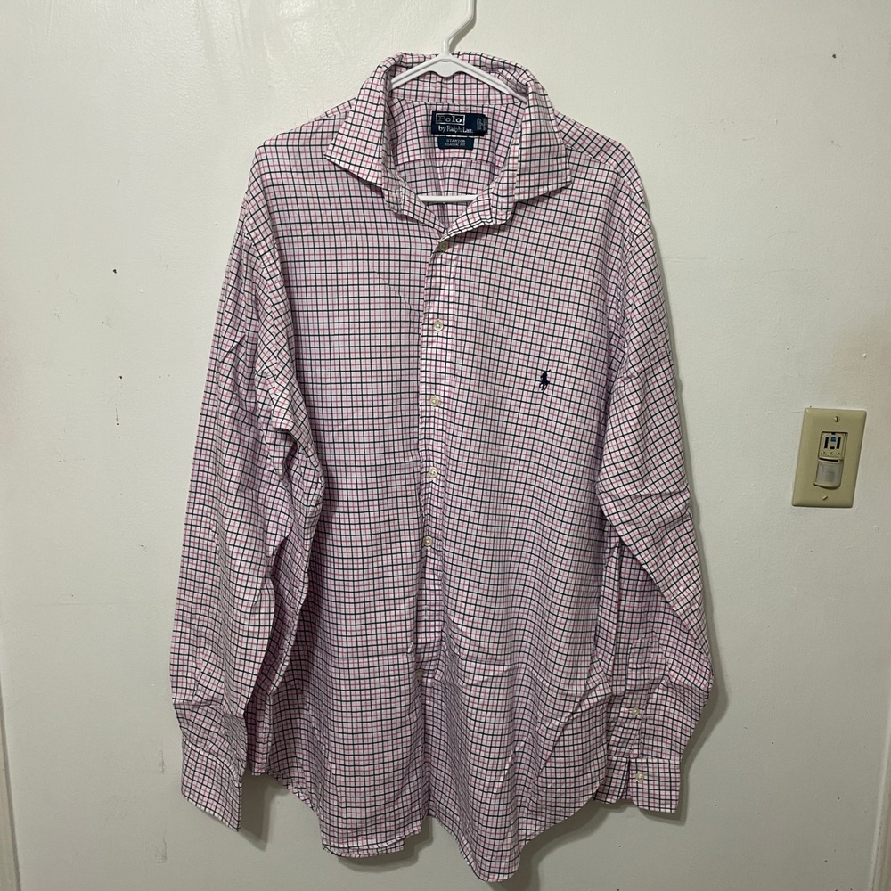 Polo Ralph Lauren Stanton Classic Fit Shirt Mens XLT Tall Pink Navy Check Pony